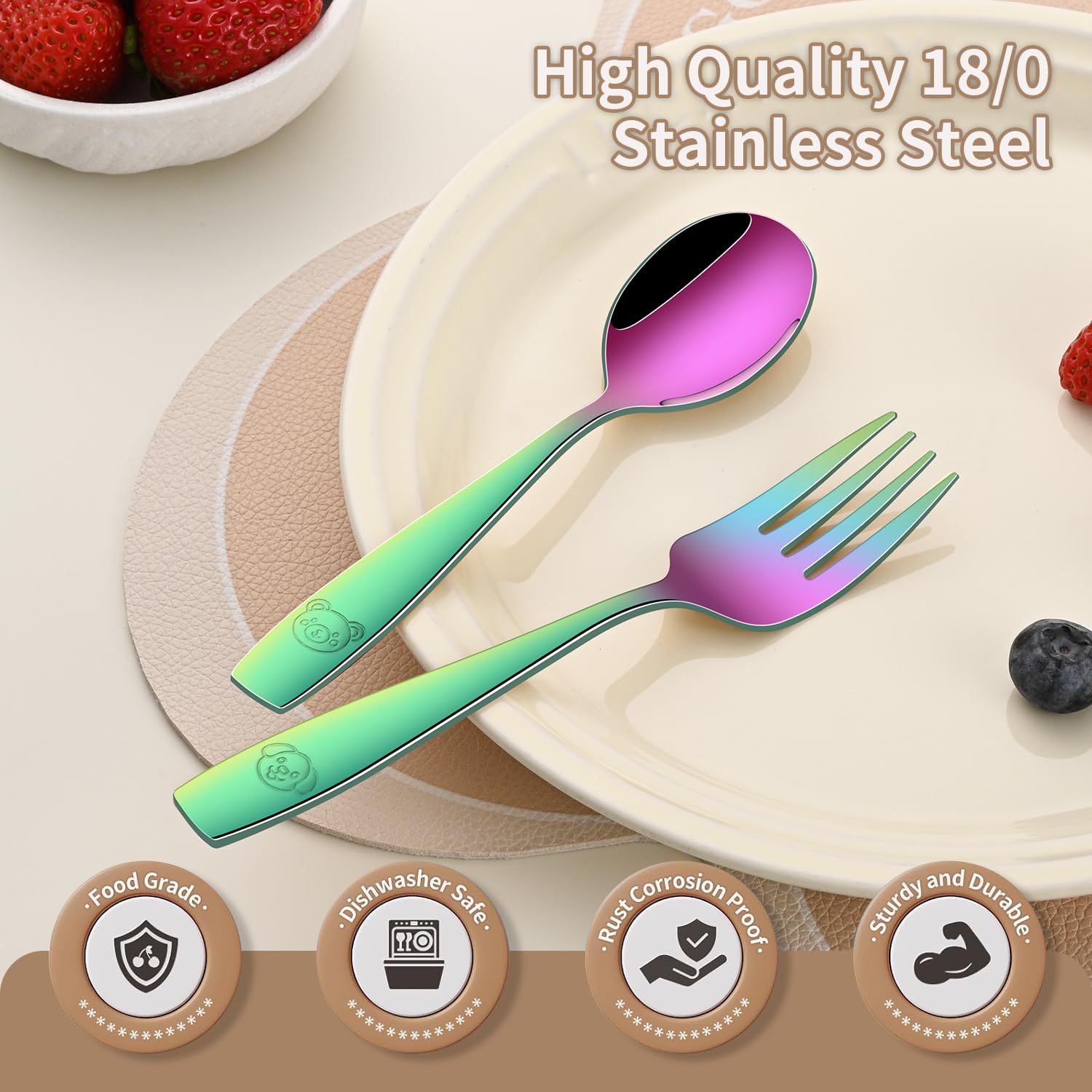 Dehov Rainbow toddler utensils set kid-sized forks spoons arranged for easy grip.