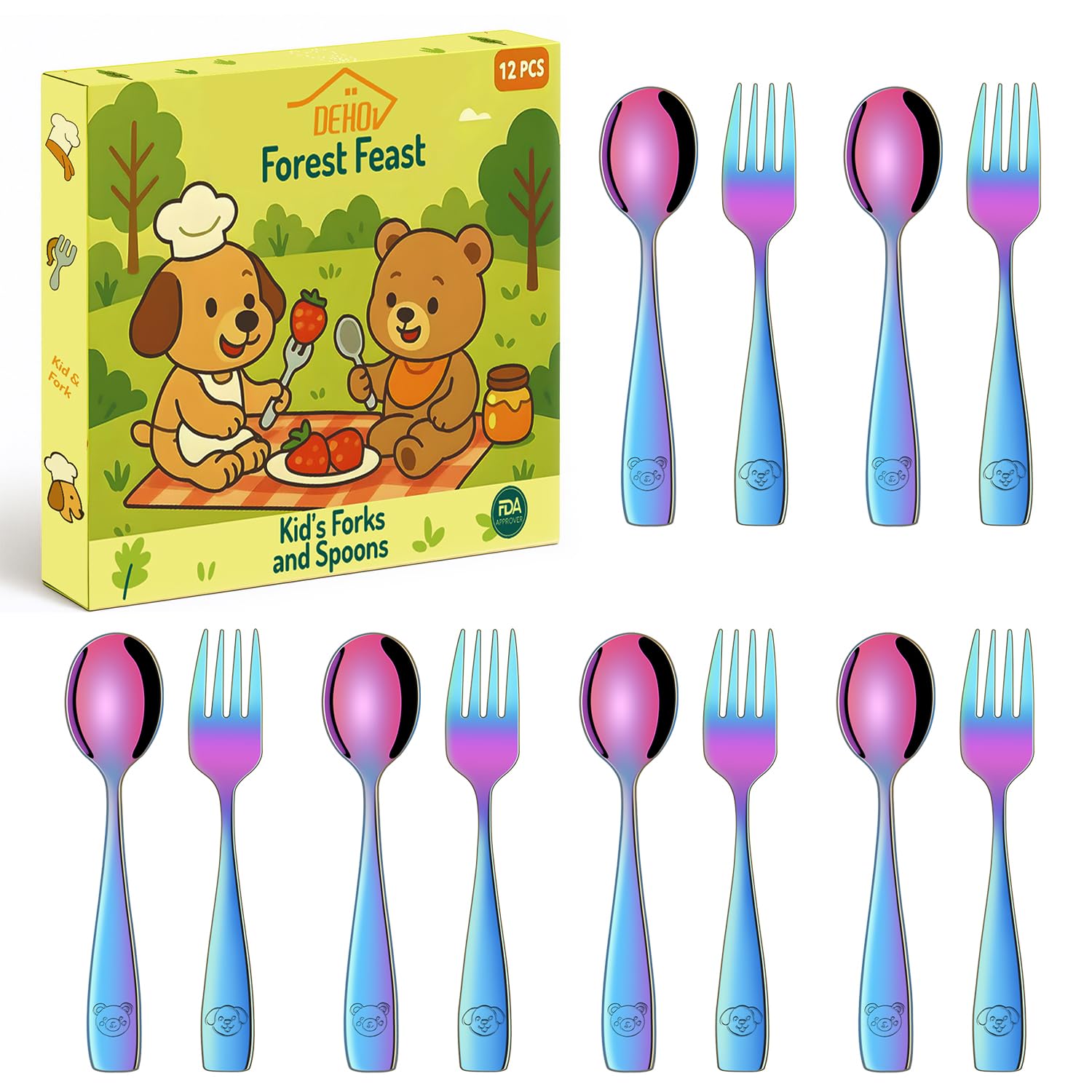 Dehov Rainbow toddler utensils set laid flat, ideal for quick mealtime setup.
