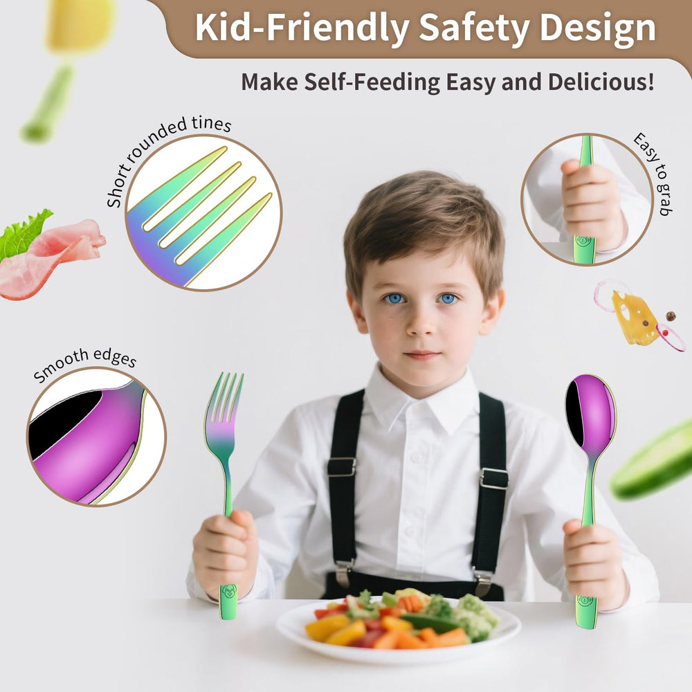 Dehov Rainbow toddler utensils set stainless steel close-up reveals rust resistance.