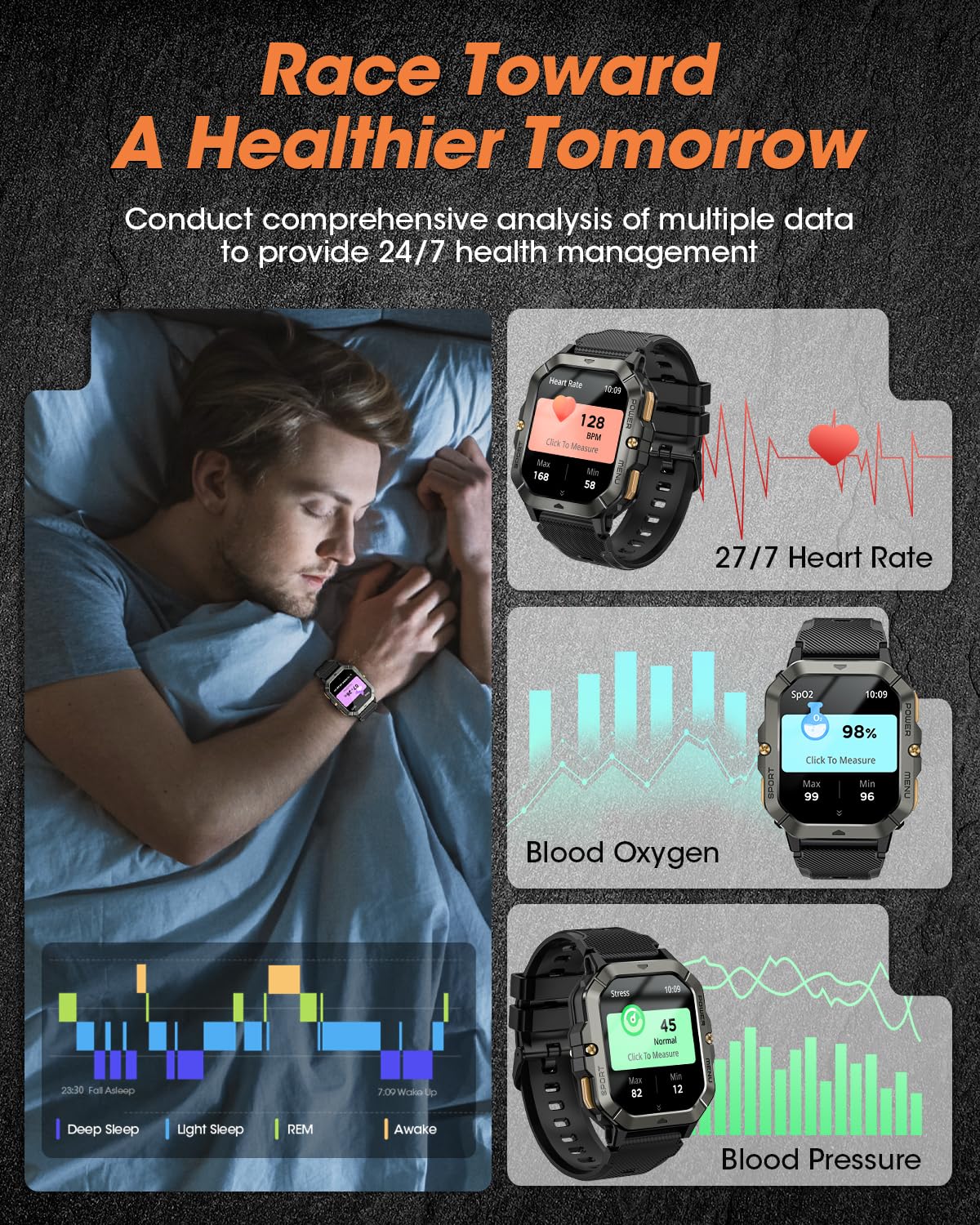 DEKELIFE military smartwatch call function with built-in mic and speaker for hands-free use