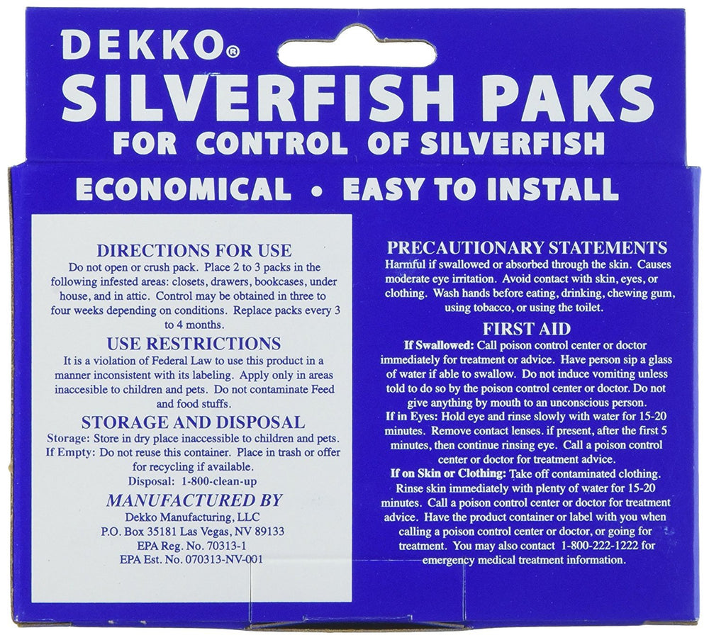 Dekko Silverfish Paks closer view, easy-to-place bait for suspected harborage.