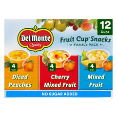Del Monte Fruit Cup 12-pack on shelf, convenient family snack.
