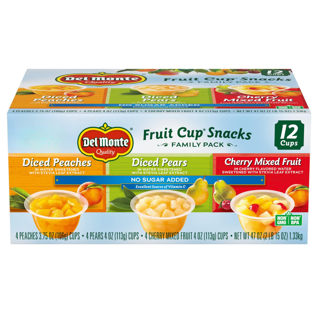 Del Monte Peach Dice Fruit Cup in a 4 oz cup for on-the-go snacking.