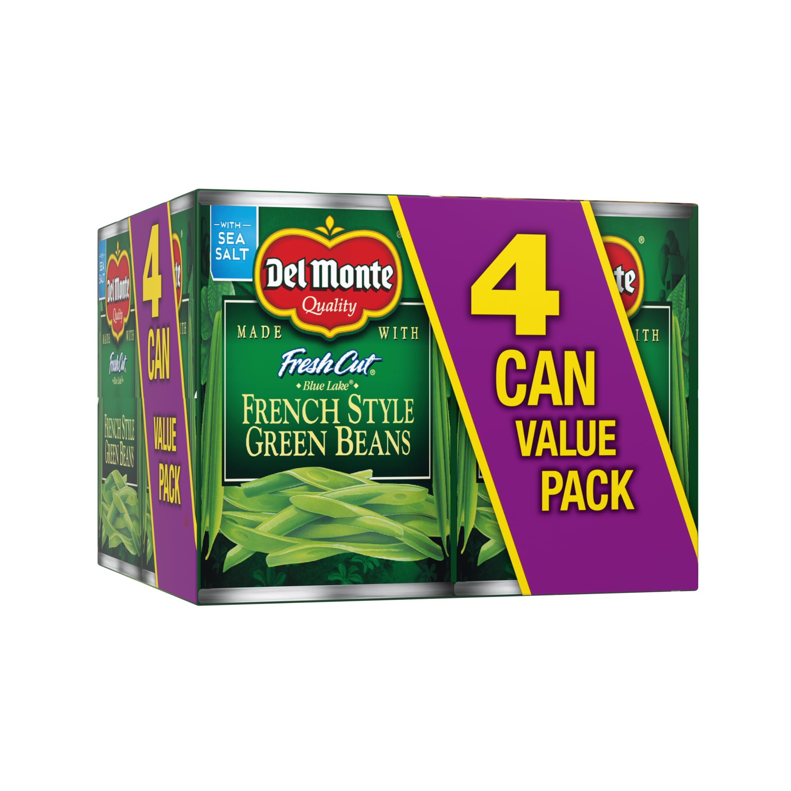Del Monte green beans can front view, quick ready-to-heat side dish.