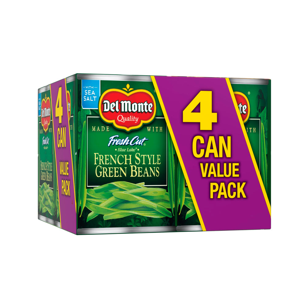 Del Monte green beans can front view, quick ready-to-heat side dish.