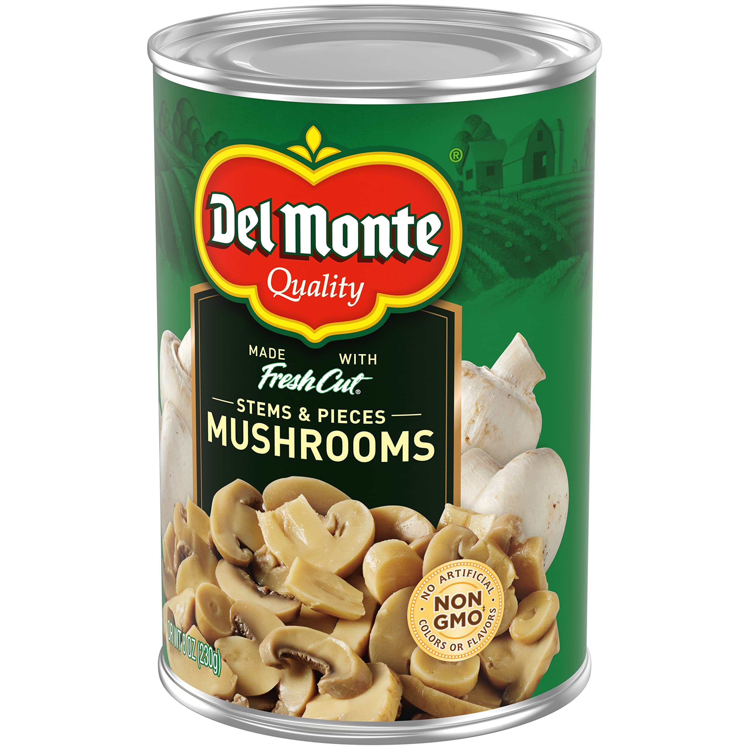 Non-GMO Del Monte Mushrooms Stems and Pieces label on canned product.
