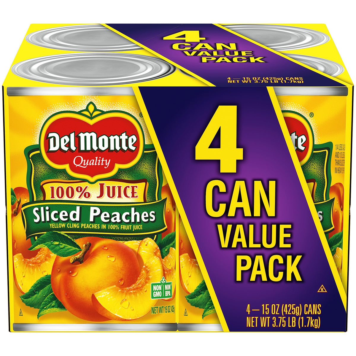 Del Monte Yellow Cling Sliced Peaches in Juice close-up can for quick snacking