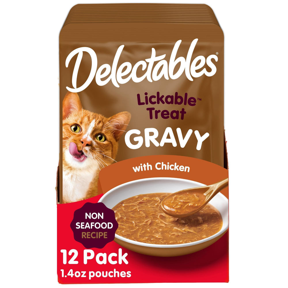Delectables gravy non-seafood chicken lickable topper close-up showing savory hydration for cats