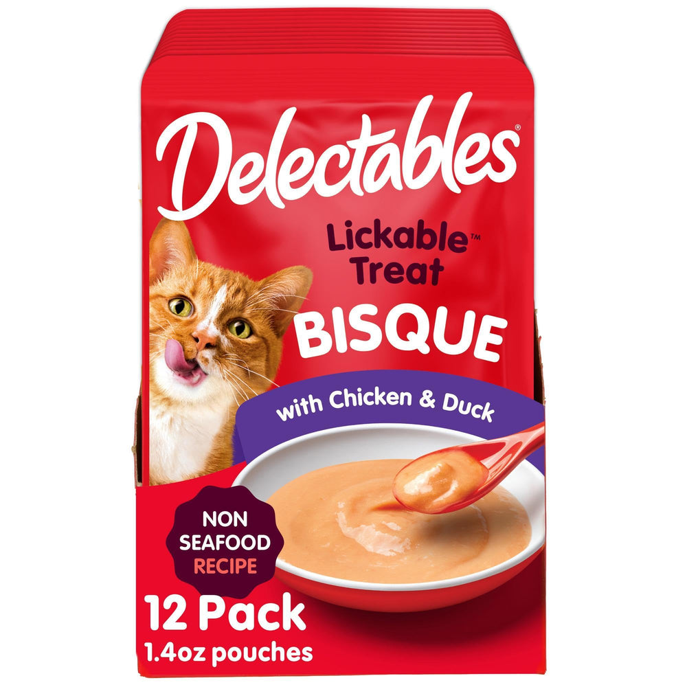 Delectables non-seafood bisque packaging shown for adult and senior cats.