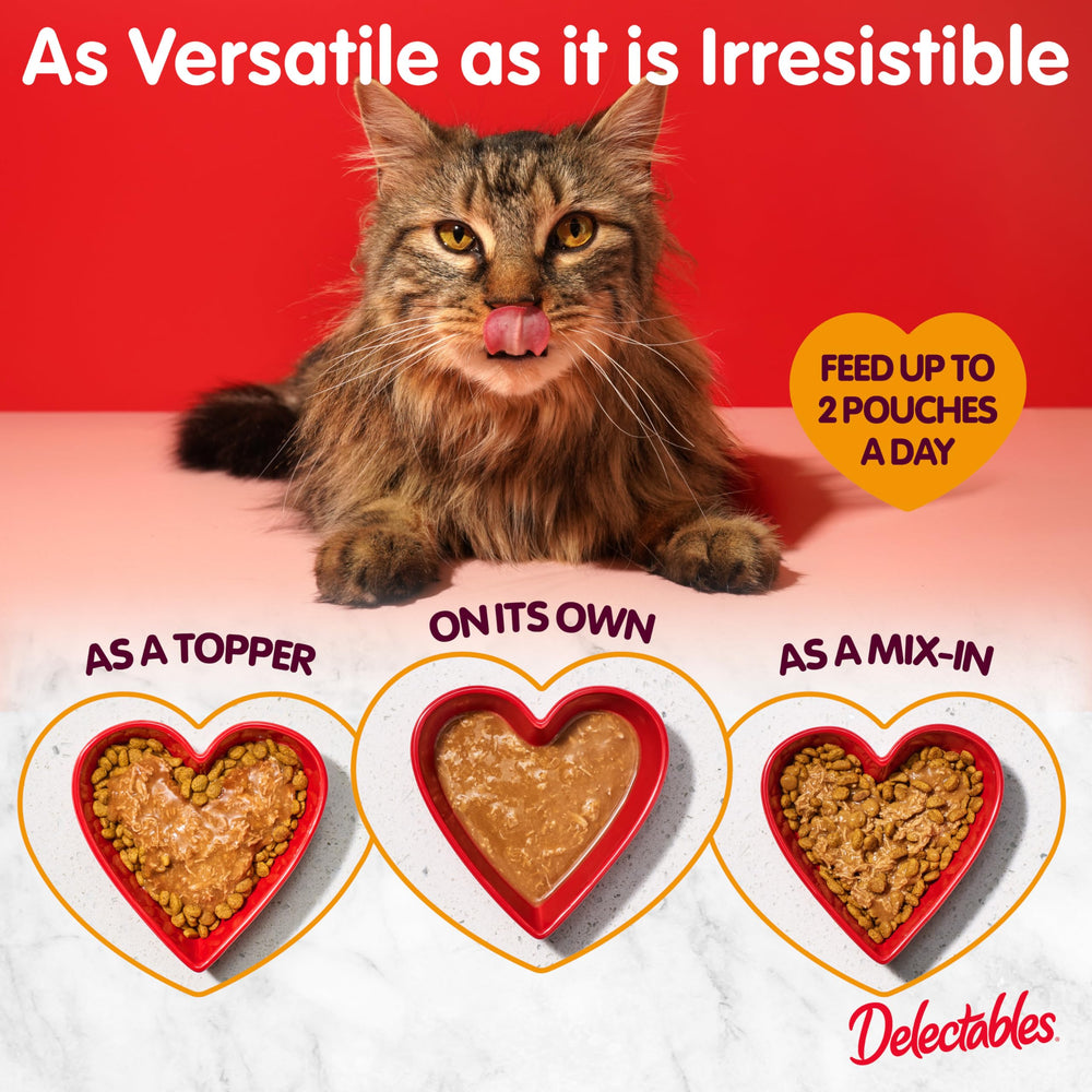 Delectables cat lapping sauce image shows cat savoring a flavorful lick for reward.