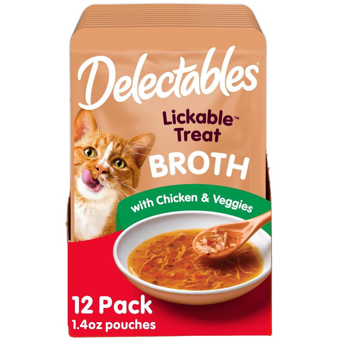 Delectables savory broth lickable treat bowl with chicken and veggies for hydration and taste.