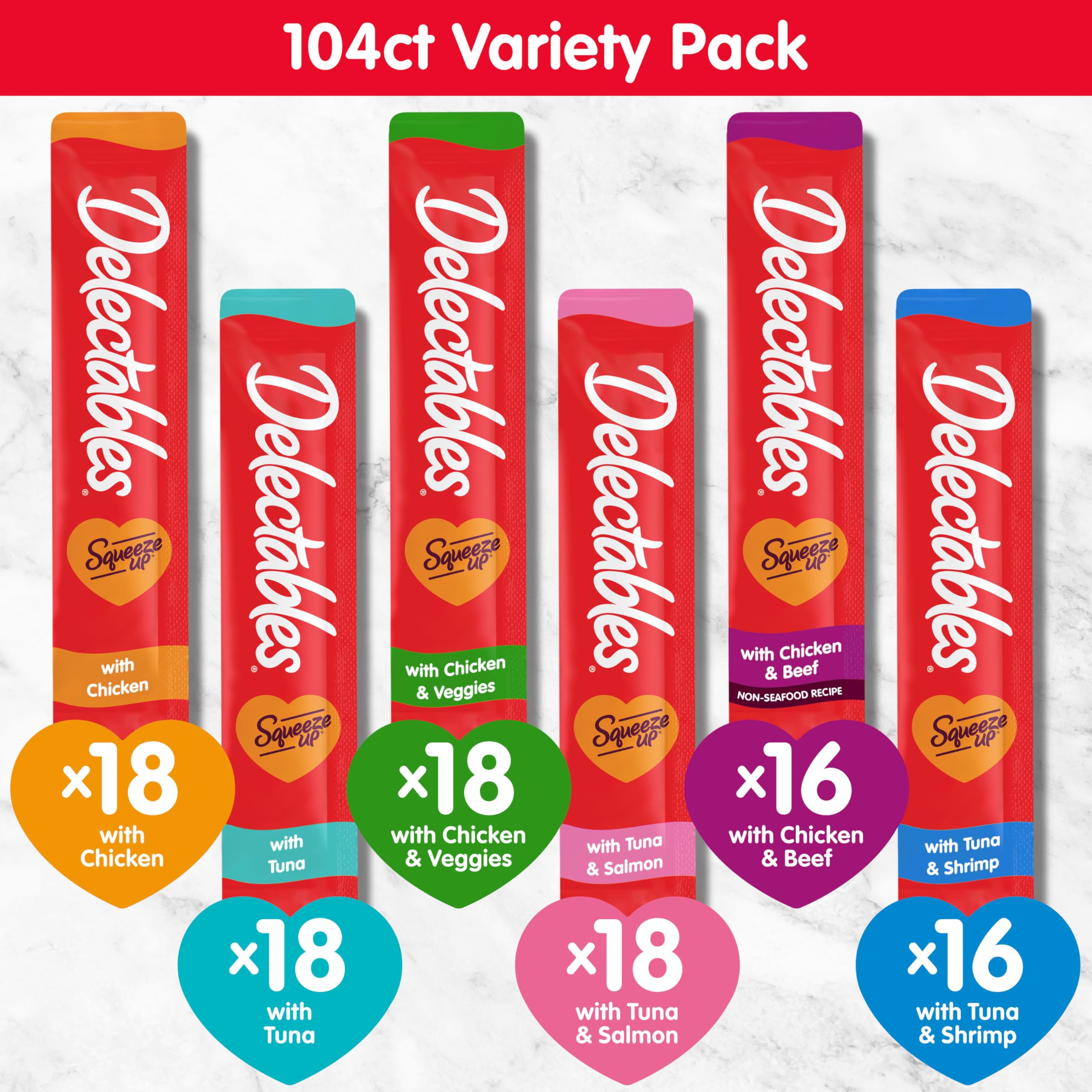 Delectables Squeeze Up tuna, chicken, and shrimp flavors offer variety.
