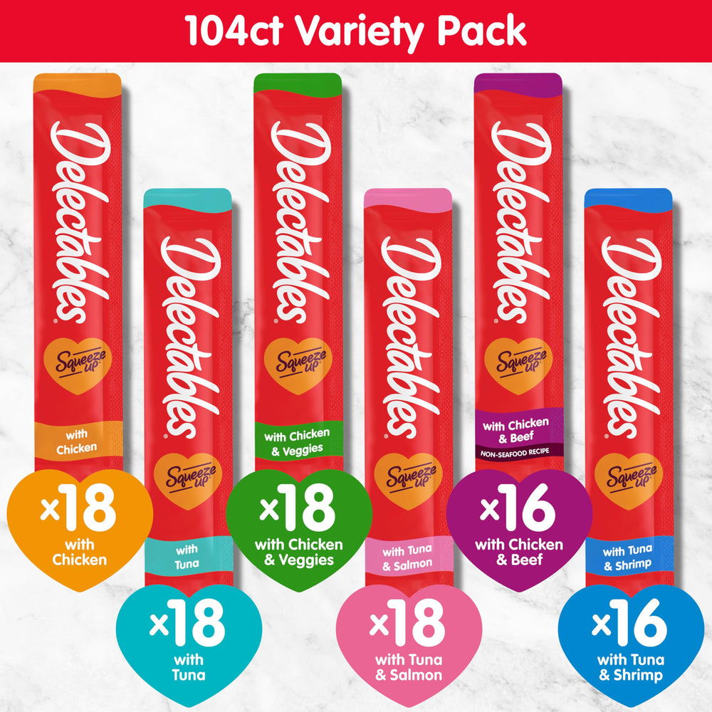 Delectables Squeeze Up tuna, chicken, and shrimp flavors offer variety.