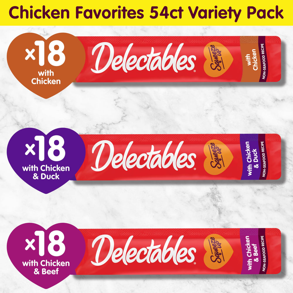 Delectables Squeeze Up grain-free formula label indicating no fillers or by-products