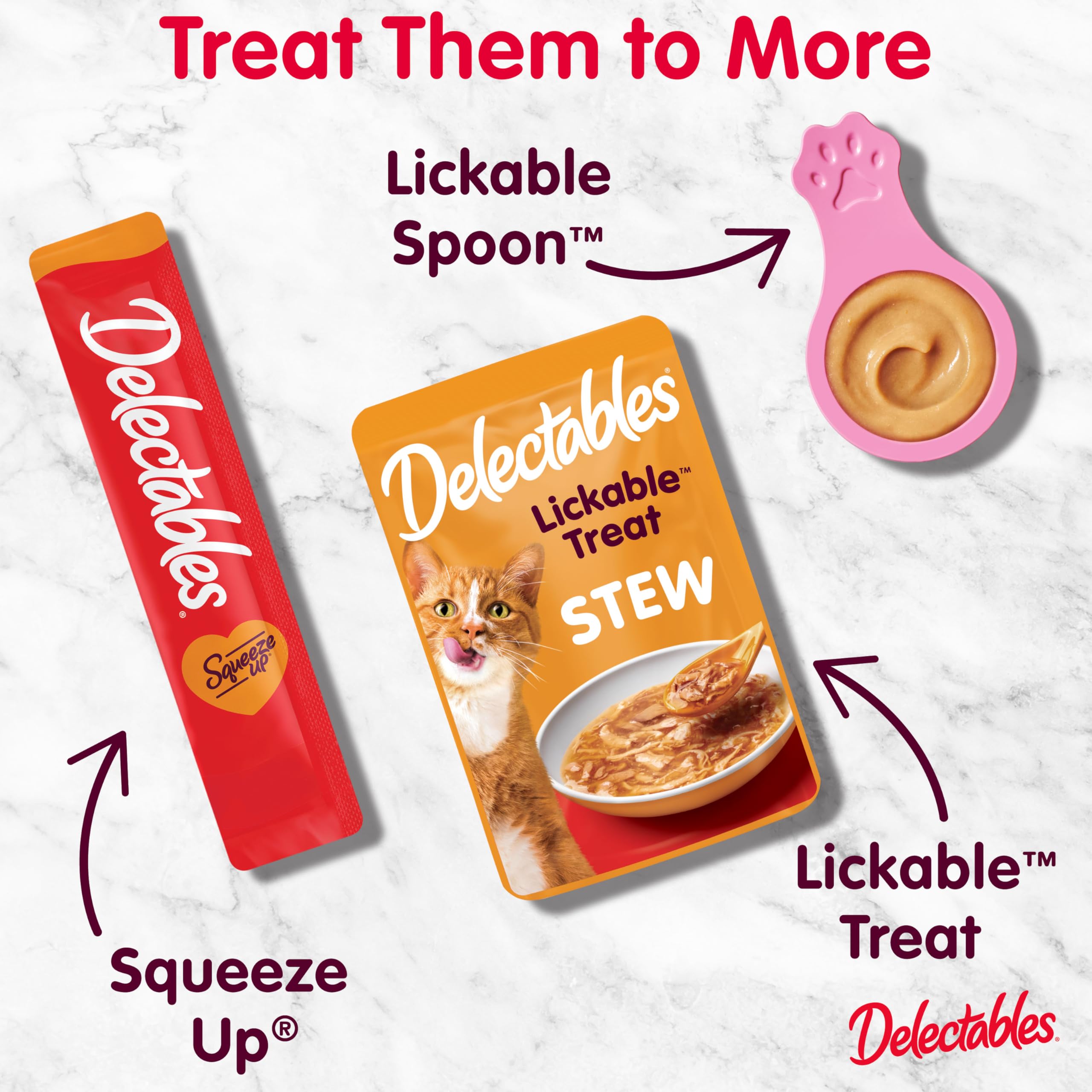 Life-stage friendly Delectables Squeeze Up options suitable for kittens, adults, and seniors.