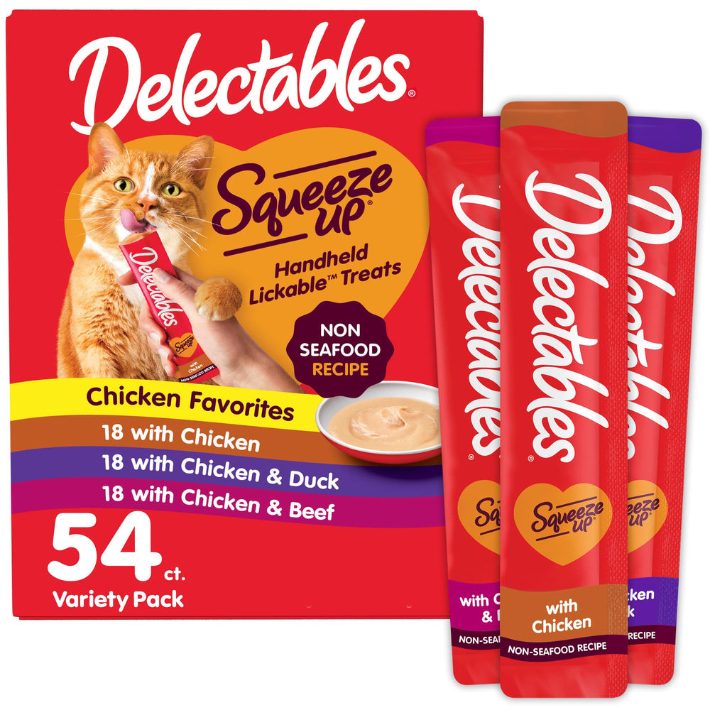 Delectables Squeeze Up non-seafood variety pack shown for convenient daily bonding with a cat