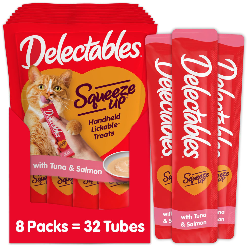 Delectables Squeeze Up tuna-salmon tubes for interactive bonding and hydration benefits.