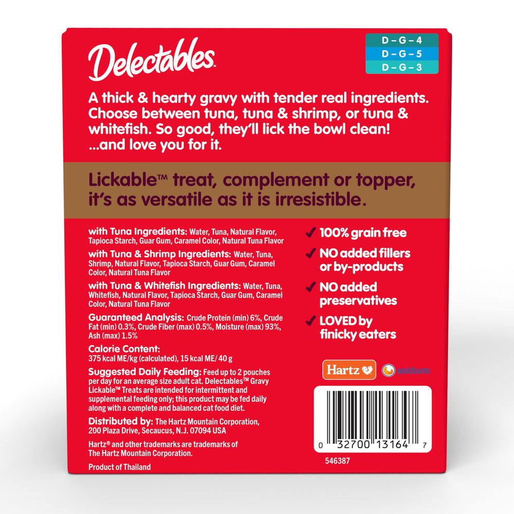 Delectables textures variées gravy poisson — variété appréciée par les chats exigeants.