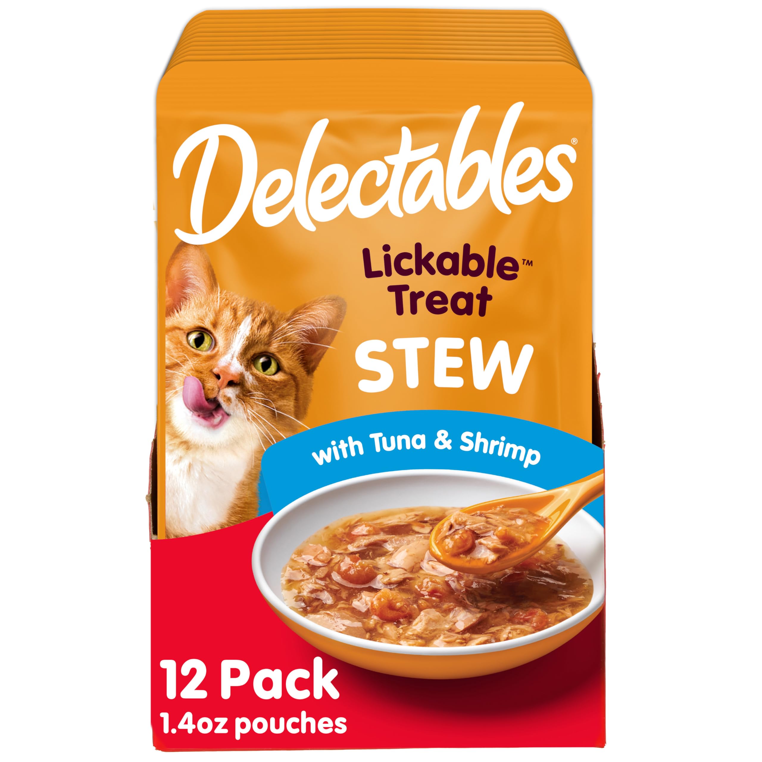 Delectables tuna-shrimp stew pouch: premium wet cat treat for picky eaters.