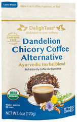 DelighTeas organic coffee alternative packaging highlights clean ingredients.