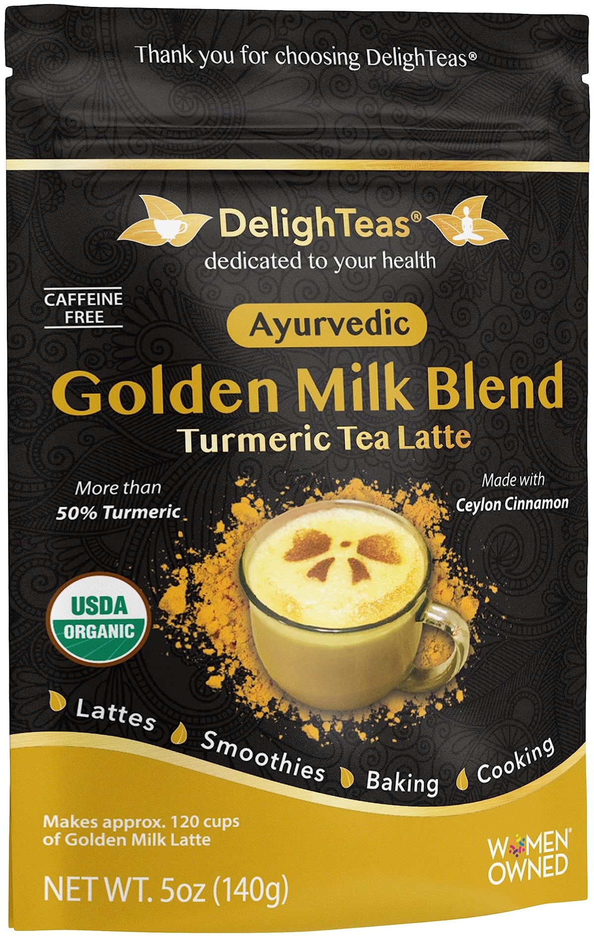 DelighTeas Golden Milk packaging signals premium organic blend for cozy lattes.