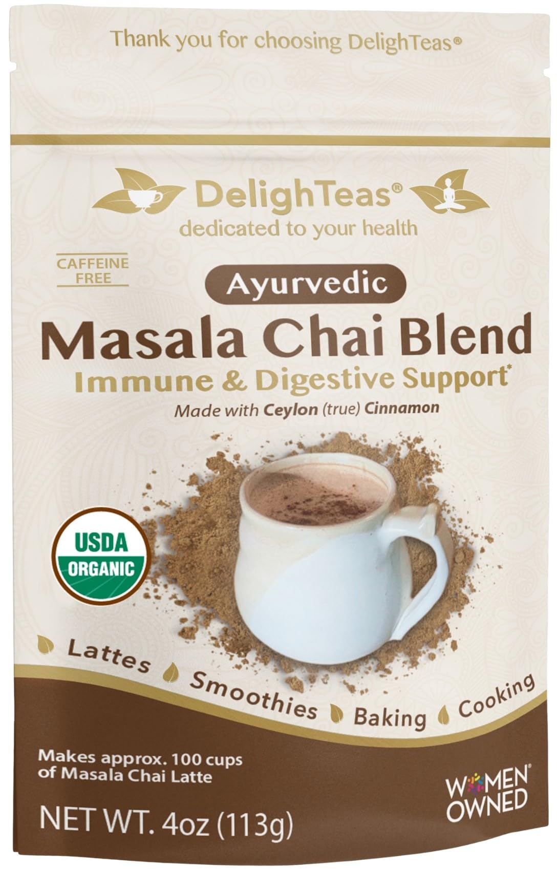 DelighTeas Masala Chai Powder packaging showcases premium organic blend for daily tea rituals.