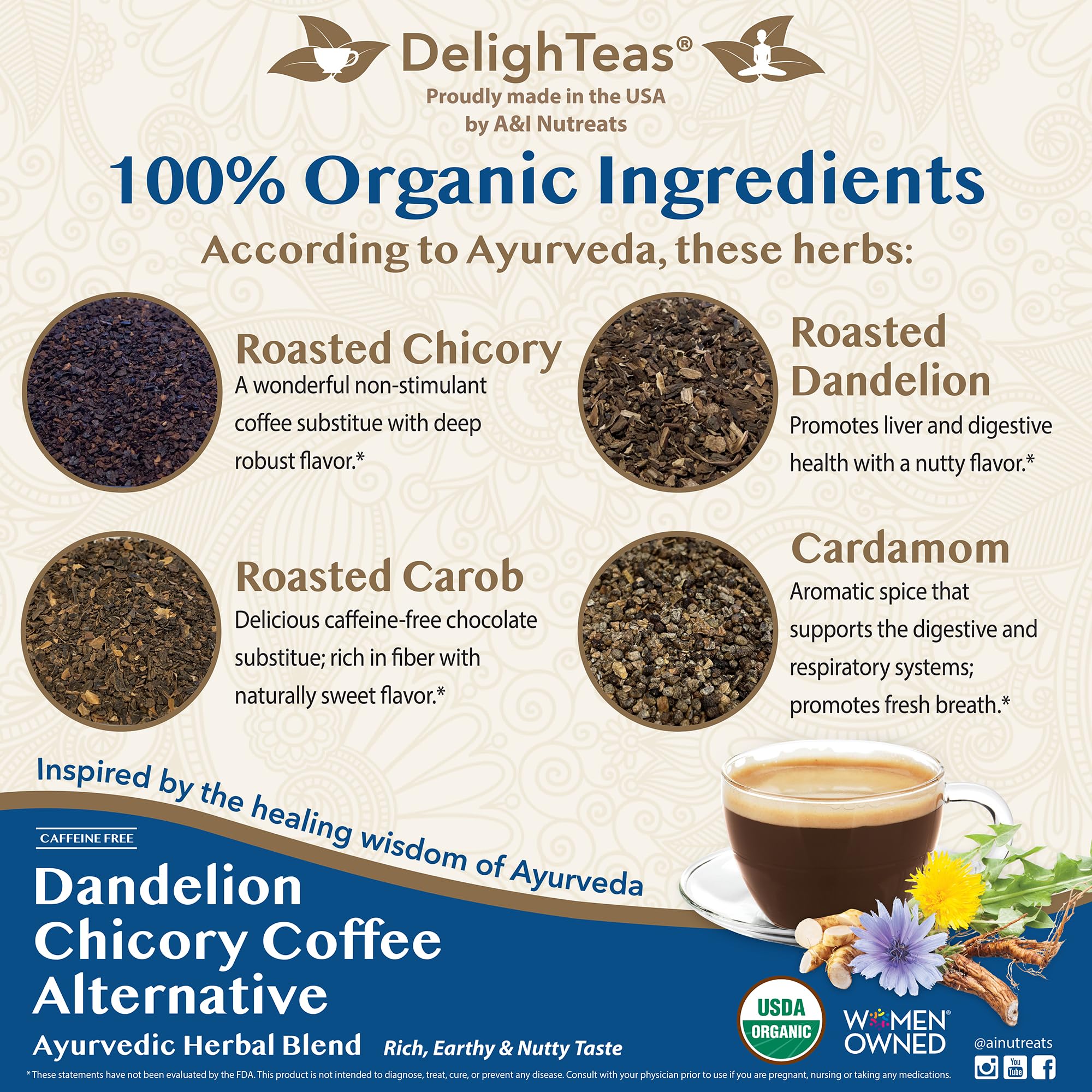 DelighTeas dandelion root powder visual for digestive-friendly blends.