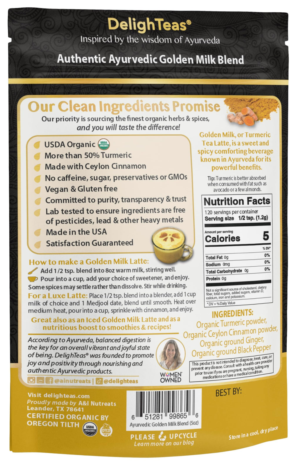 DelighTeas turmeric-ginger-blend close-up emphasizes antioxidant spices for daily warmth.