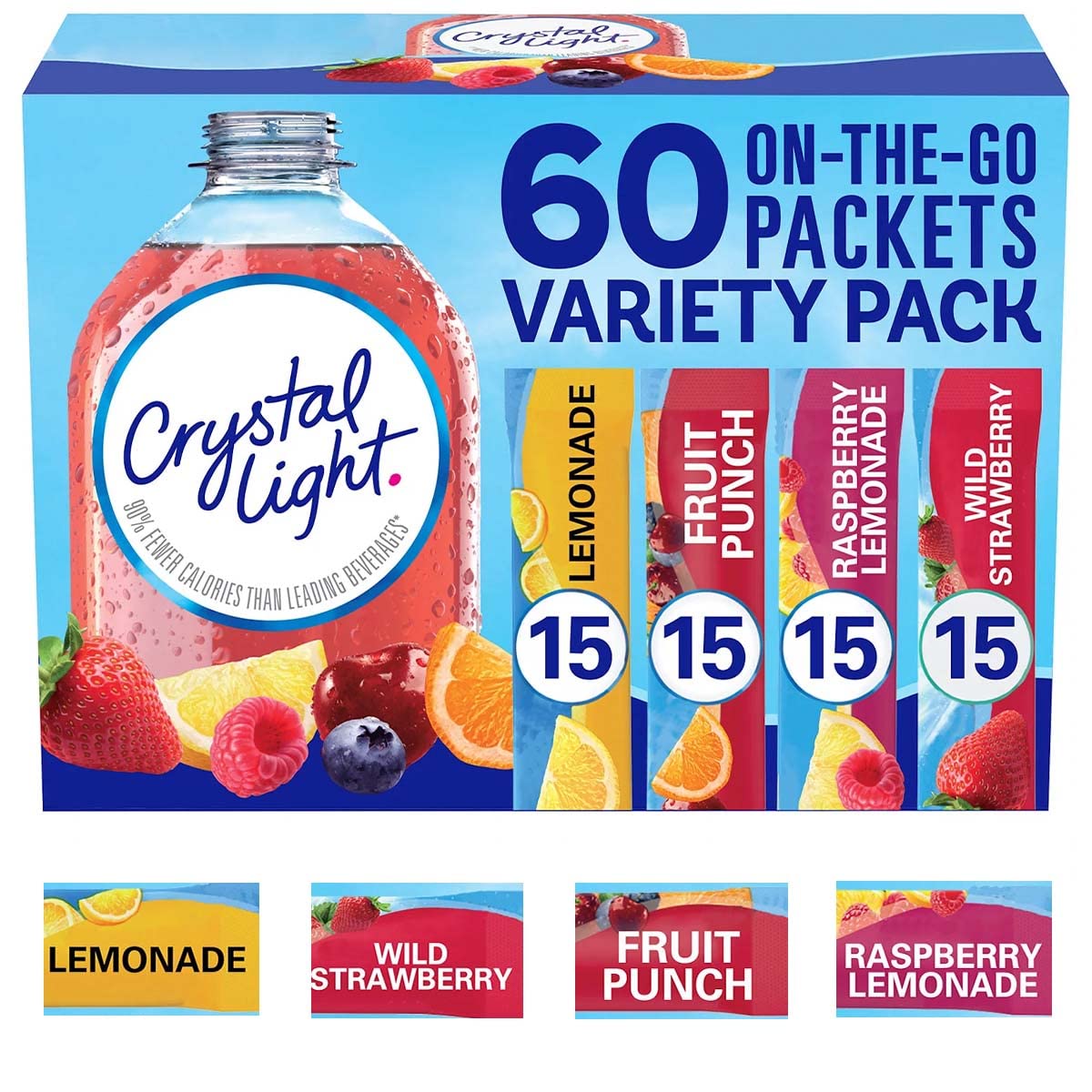 Crystal Light fruit punch packet dissolves in water for a fruity, low-calorie sip.