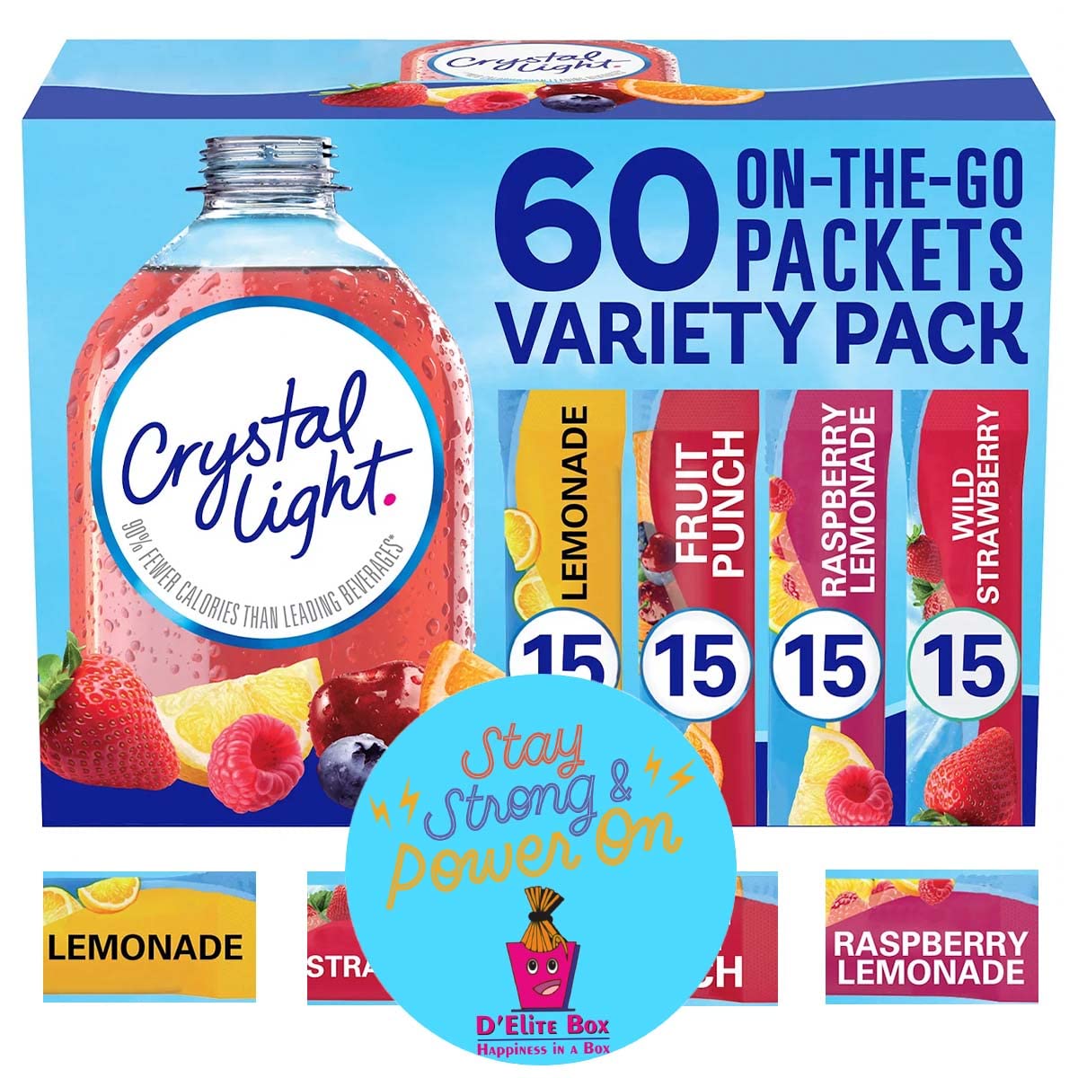 D'Elite Box Crystal Light variety-pack on-the-go packets for easy hydration anywhere.