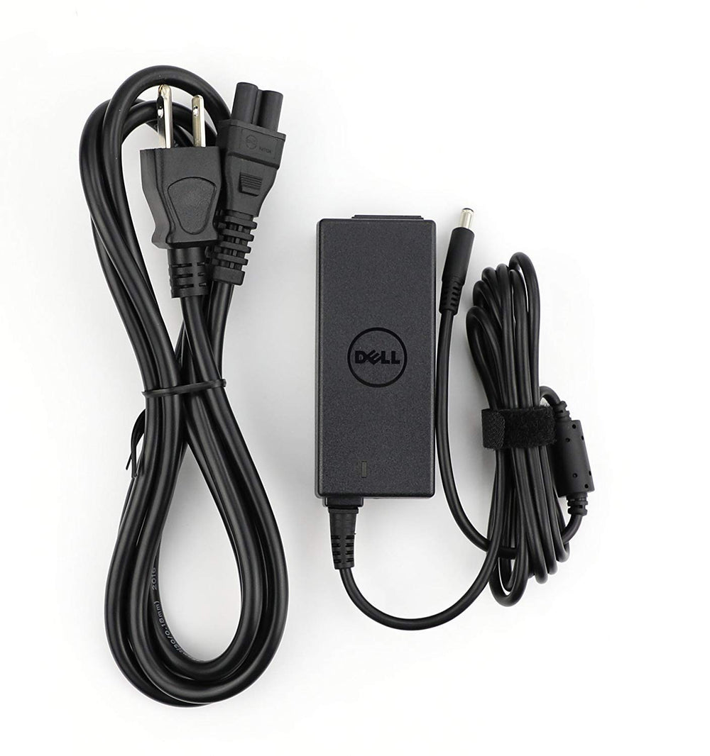 Dell 45W replacement AC adapter front view for XPS and Inspiron, compact for travel.