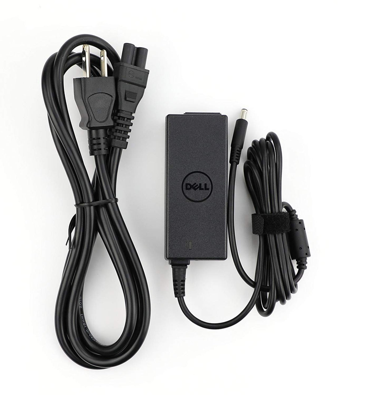 Dell 45W replacement AC adapter front view for XPS and Inspiron, compact for travel.