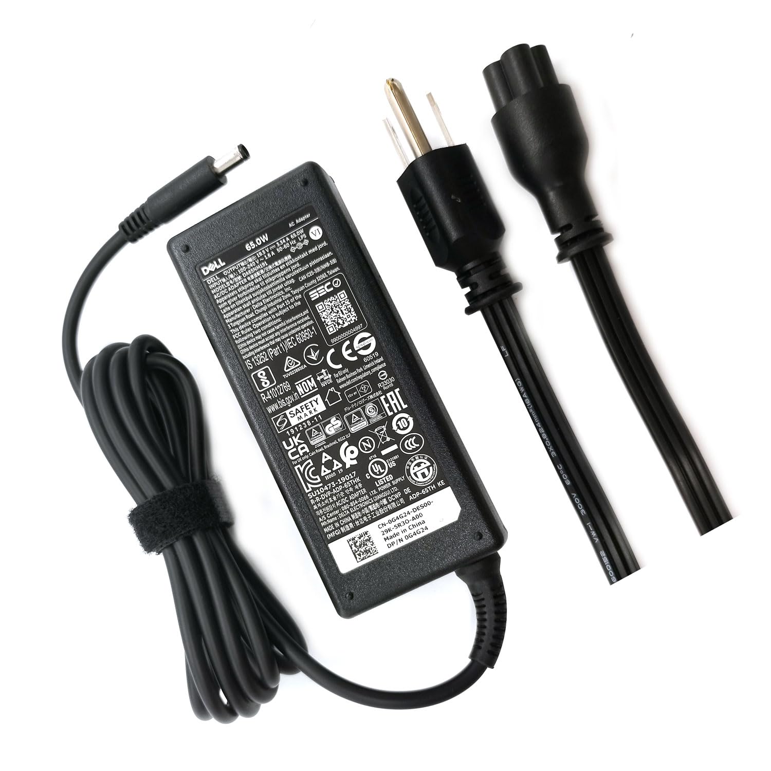 Dell 65W charger close-up with 4.5mm tip for reliable daily power.