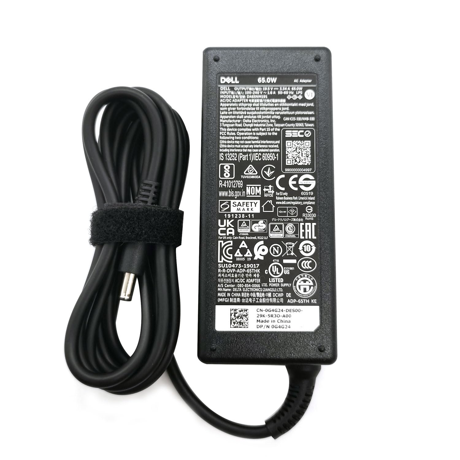 Dell 65W adapter with surge protection supports safe charging.