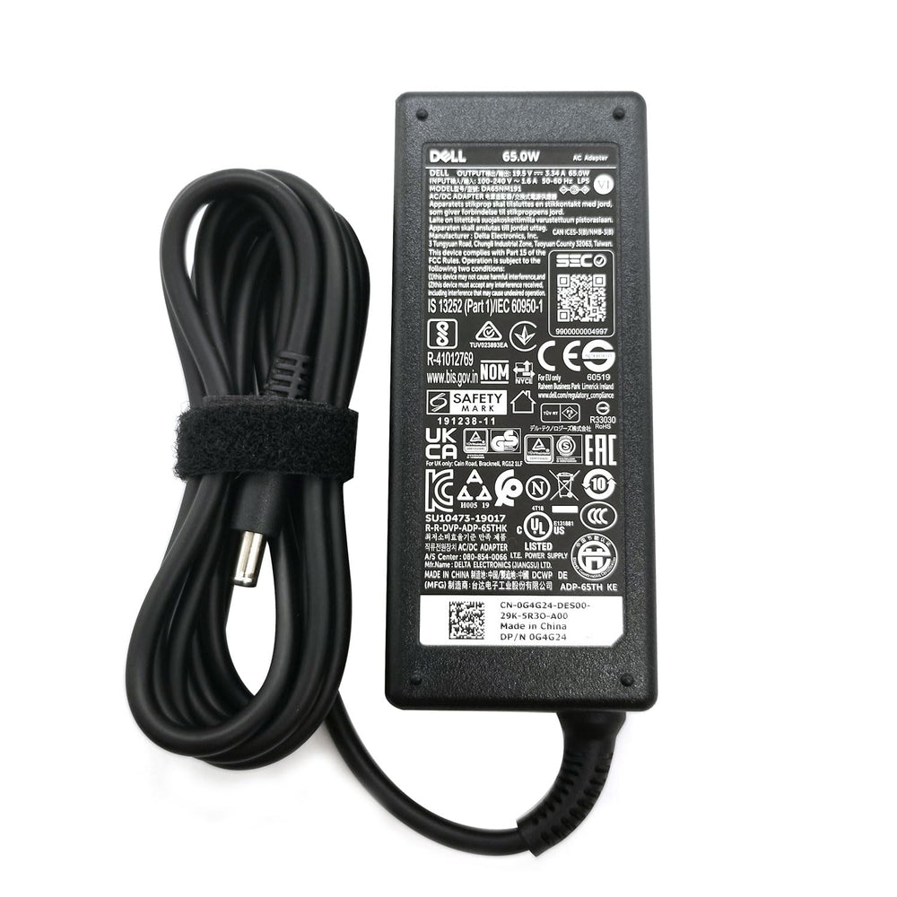 Dell 65W adapter with surge protection supports safe charging.