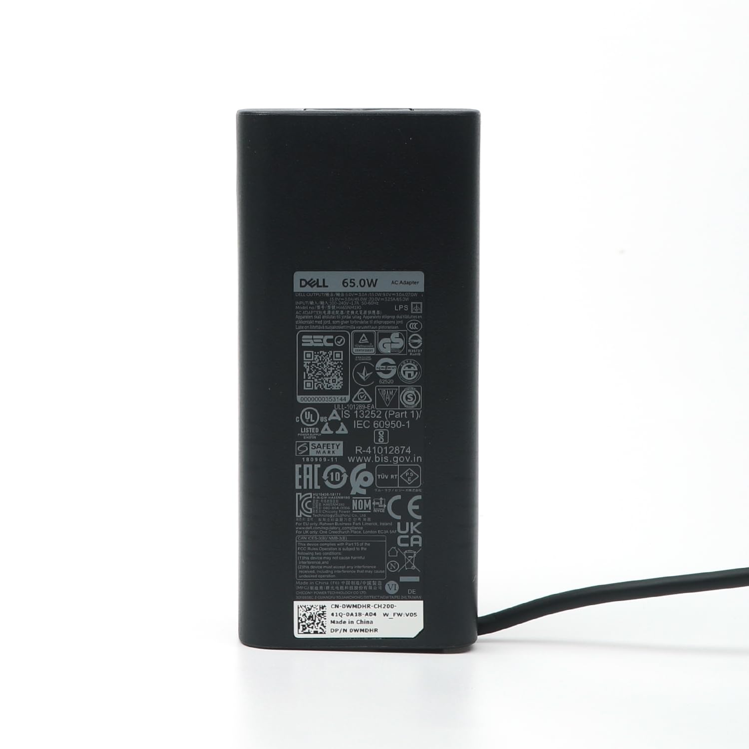 Dell charger label and model plate indicating genuine accessory.