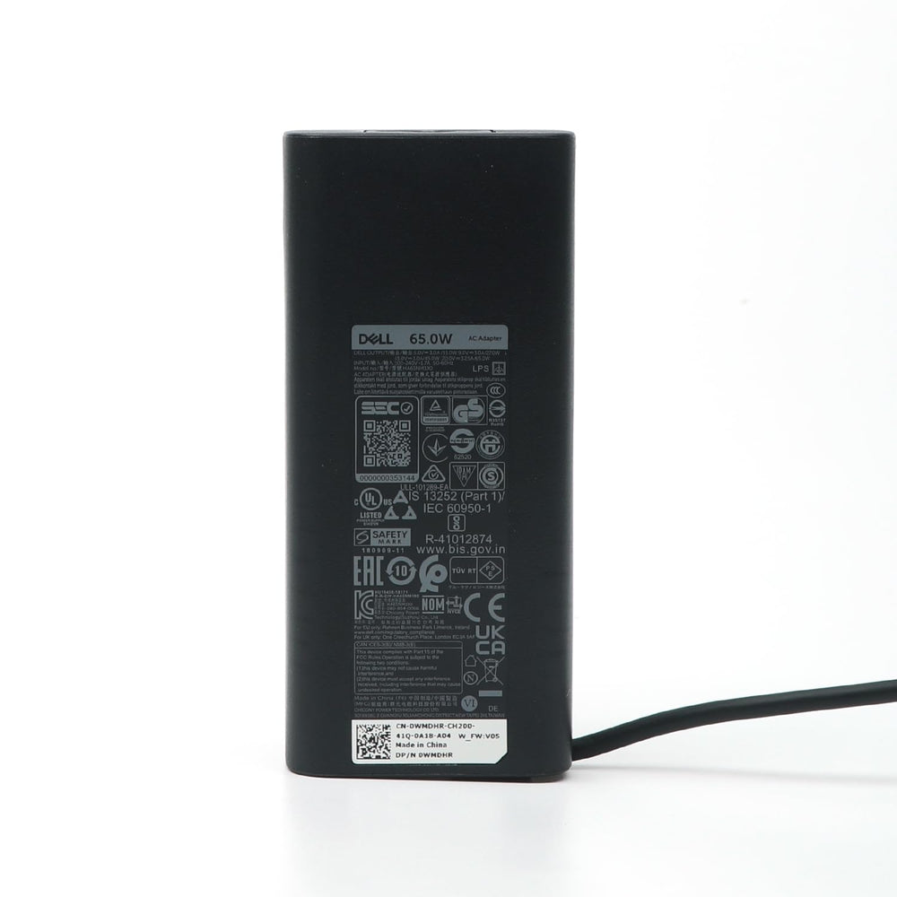 Dell charger label and model plate indicating genuine accessory.