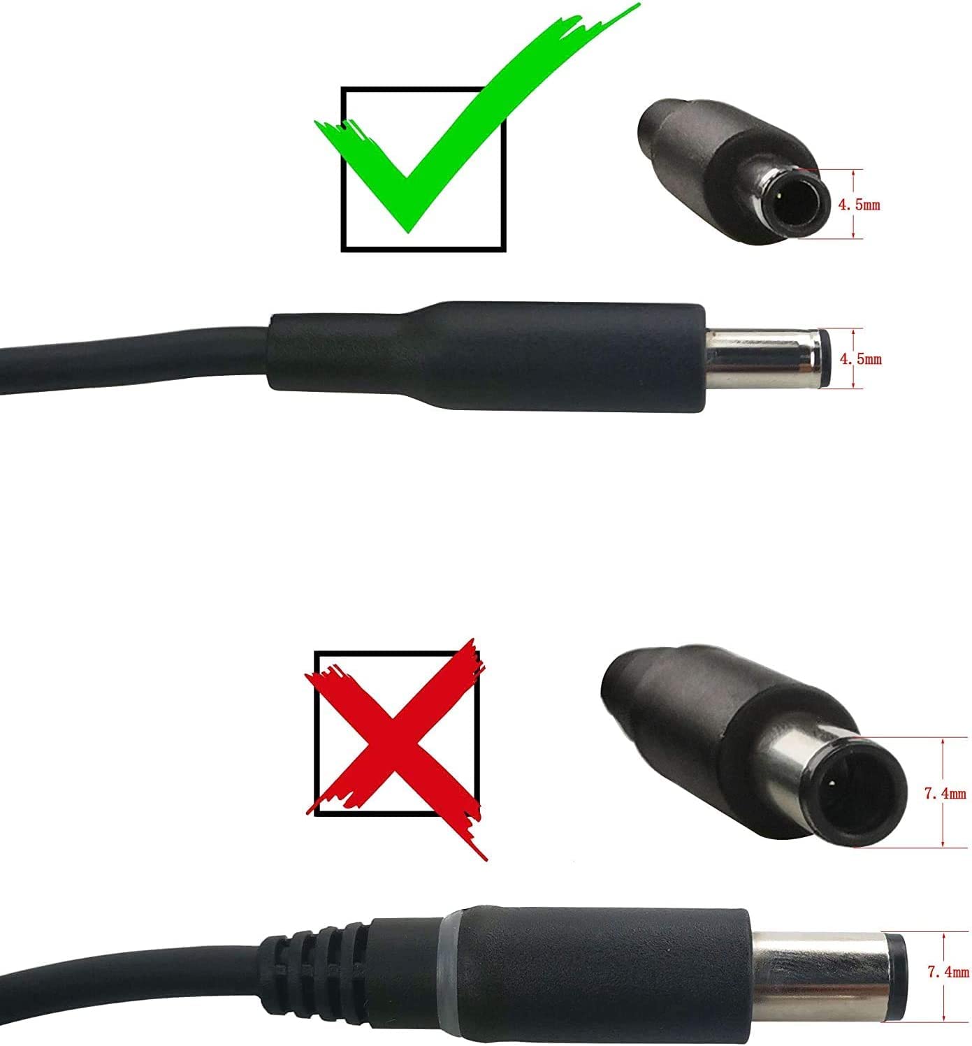Close-up of 4-5mm tip showing secure connection for Dell Inspiron charging.