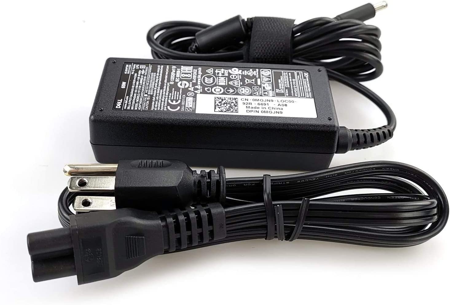 Side view of compact 65W Dell charger fits slim laptop bags.