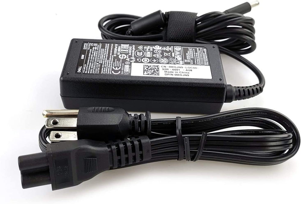 Side view of compact 65W Dell charger fits slim laptop bags.