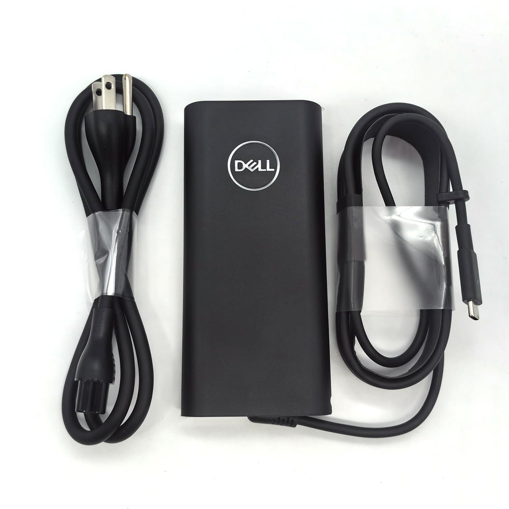Dell laptop charger front view highlights a 130W USB-C adapter for XPS devices.