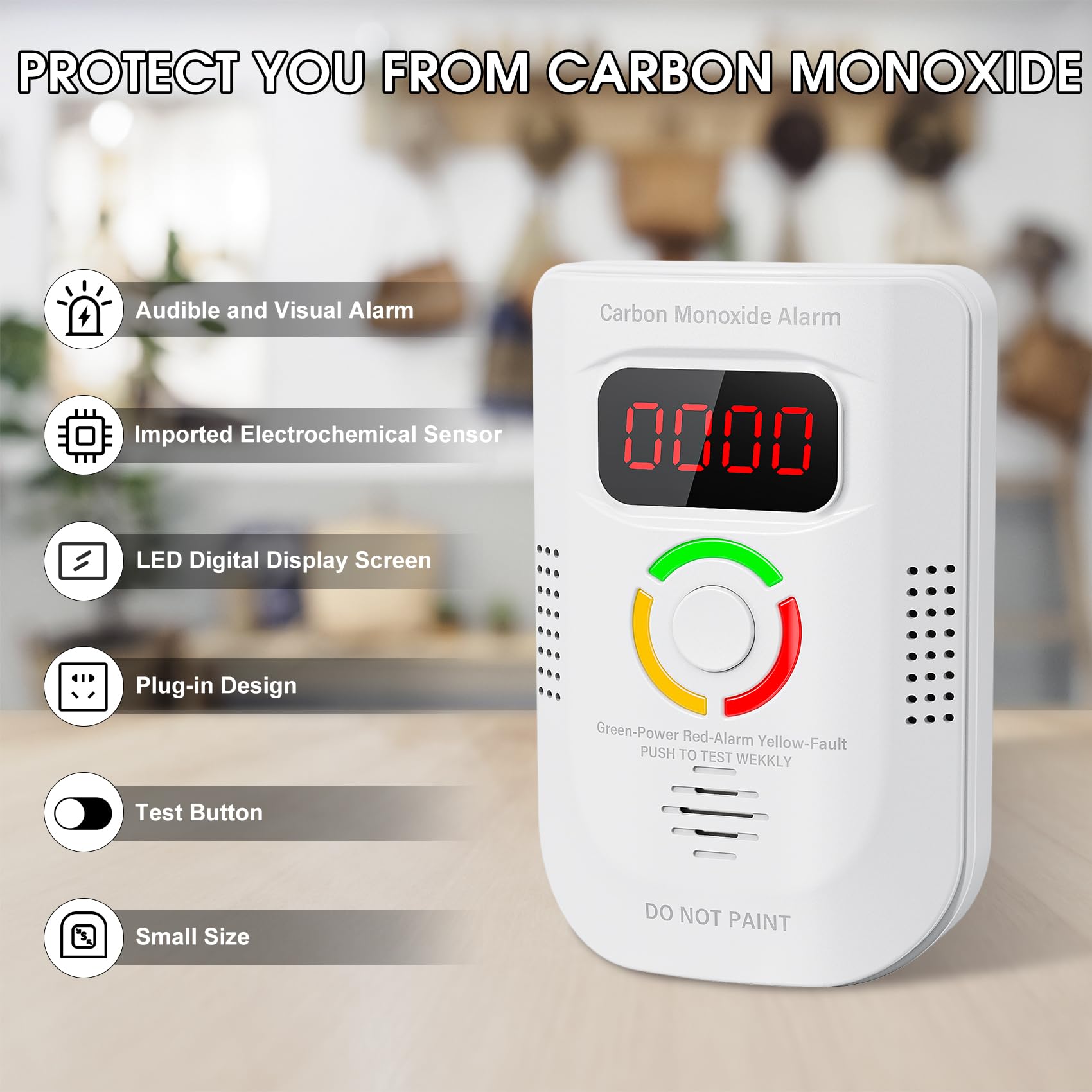 Deller CO detector alarm activates audible and visual alerts