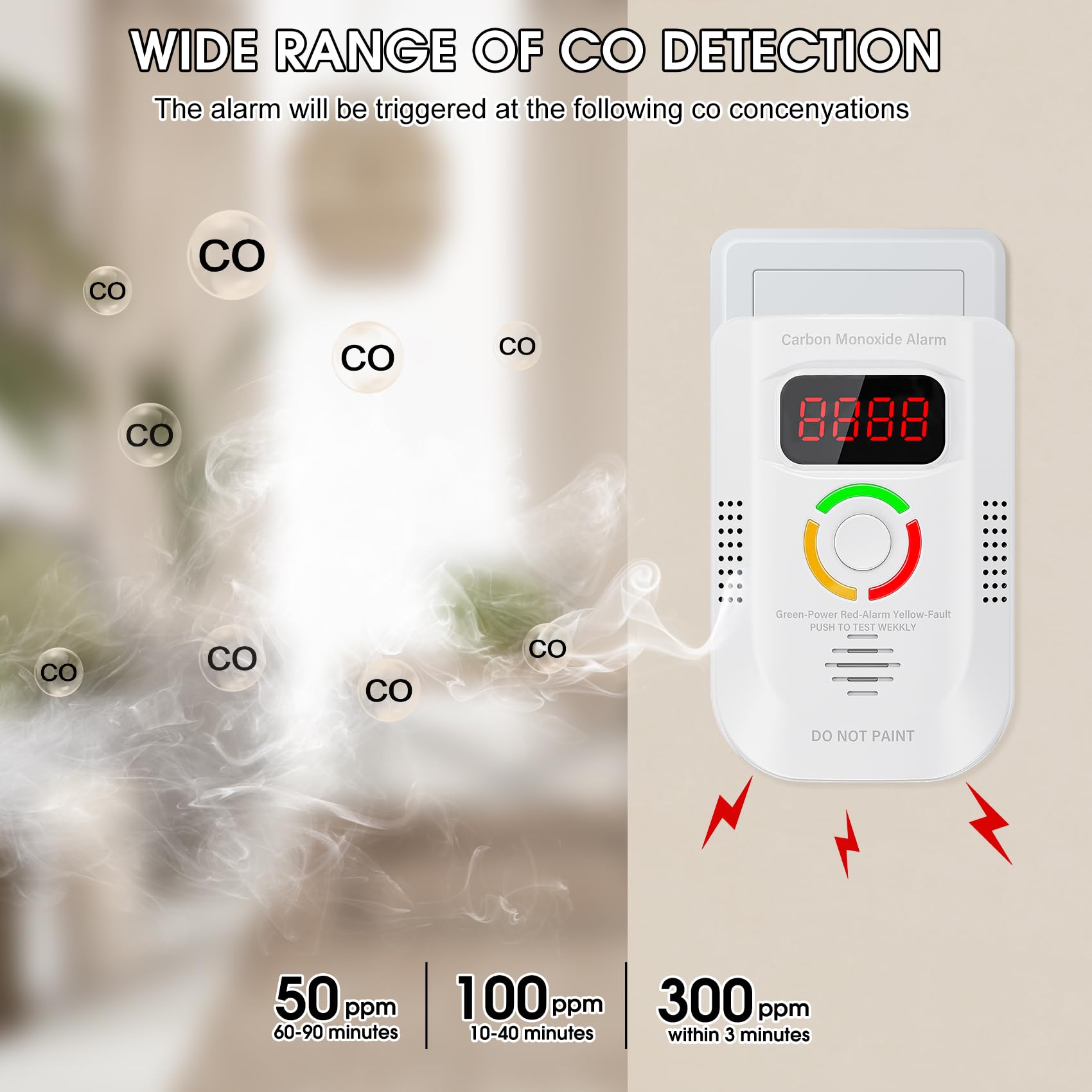 Deller compact CO detector with visible test button for safety checks