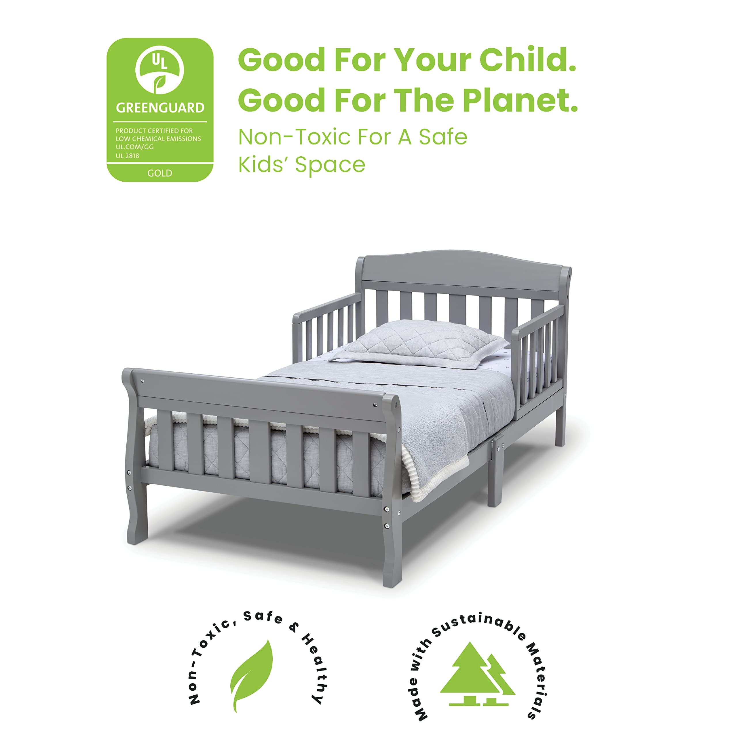 Delta Children Canton bed grey in-room setup demonstrates versatile fit with any decor.
