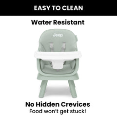 Delta Children Jeep Milestone high chair with five-point harness ensures secure seating during meals.