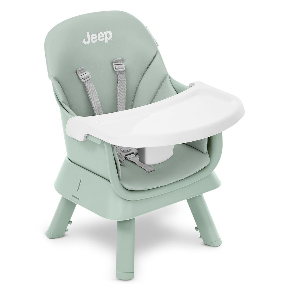 Delta Children Jeep Milestone high chair snaps together without tools for fast setup.