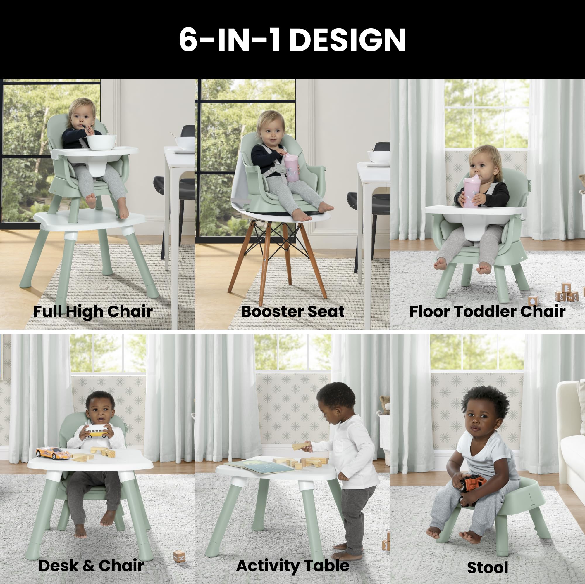 Delta Children Jeep Milestone high chair tray adjustment showcases three positions for comfortable feeding.