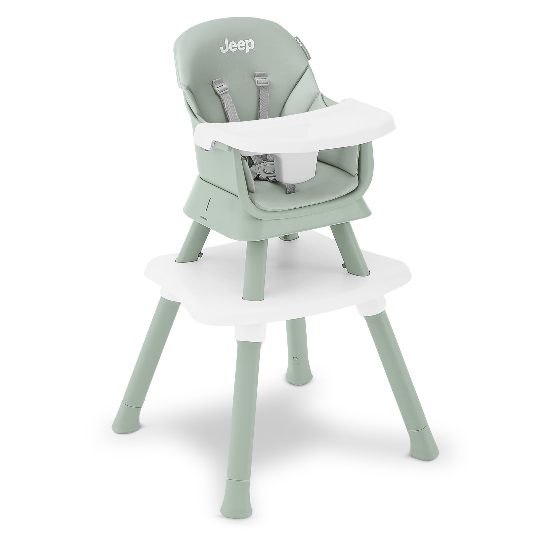 Delta Children Jeep Milestone high chair's waterproof seat resists spills for quick cleanup.