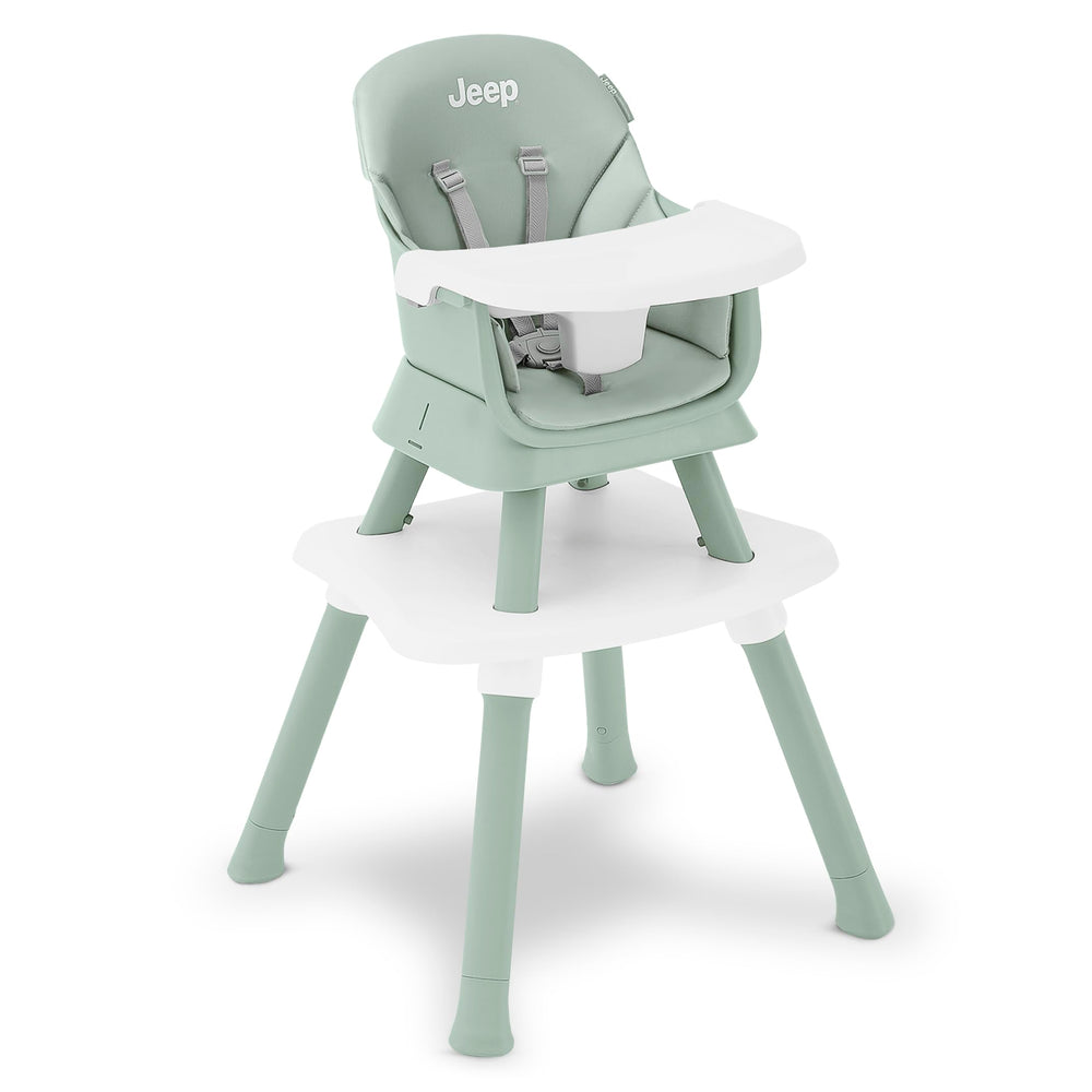 Delta Children Jeep Milestone high chair's waterproof seat resists spills for quick cleanup.