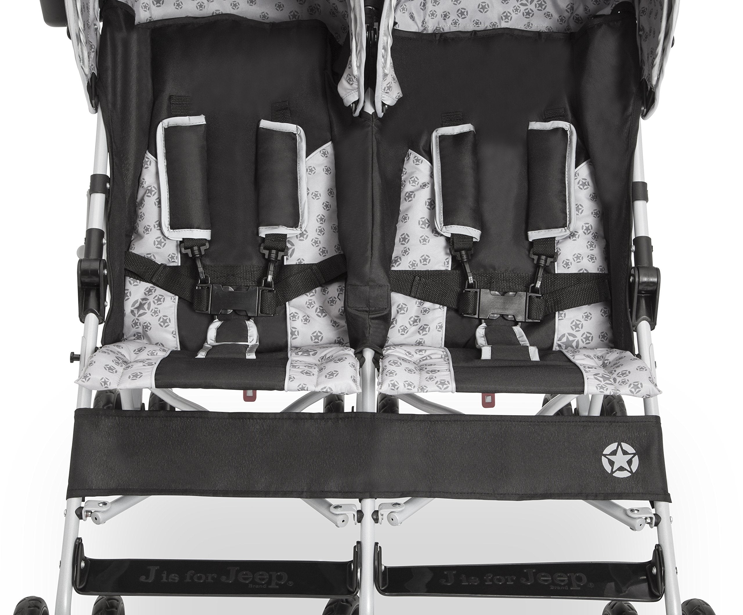 Delta Children Jeep Scout Double Stroller fits through standard 30 inch doors for simplicity.